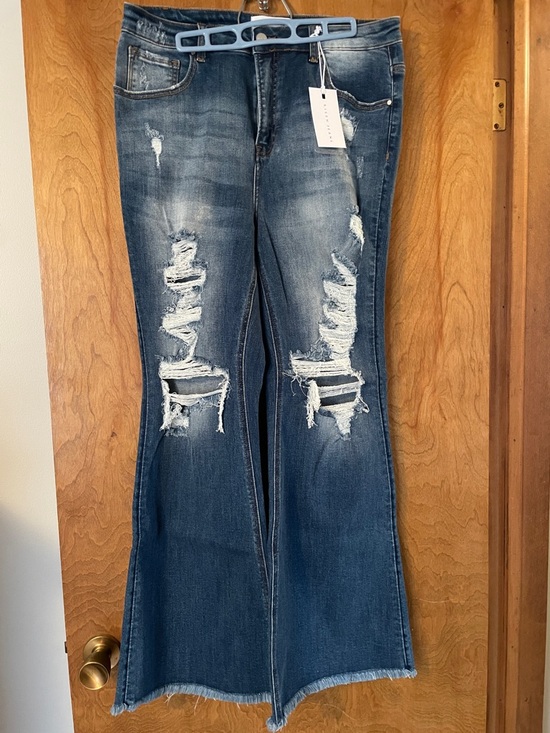 Risen Jeans Denim - Risen Women's Distressed Flare Jeans in Medium Blue, 1XL